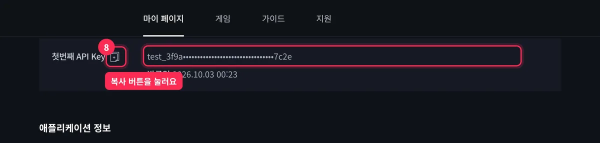 애플리케이션 상세 화면의 API Key와 복사 버튼